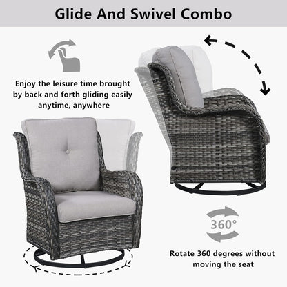 Wicker Outdoor Furniture Patio Furniture Set - 6 Piece Patio Conversation Set with Swivel Rocker Chairs, Loveseat Sofa, Ottomans and Coffee Table, Gray Cushion
