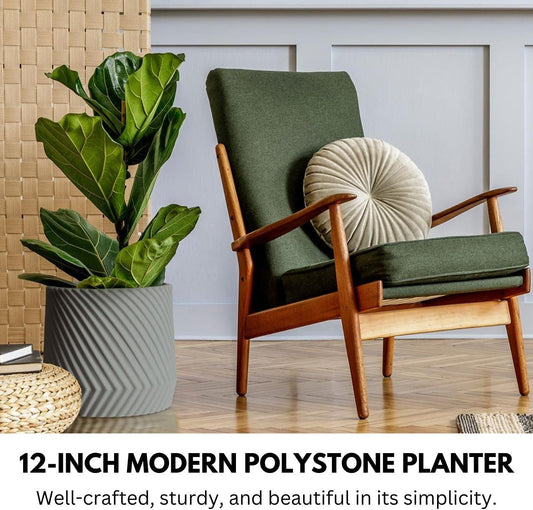 Fox & Fern Large 12 Inch Planter — Premium Polystone Gray Plant Pot with 3D Texture and Drainage Plug; 12 Inch Pots for Plants Indoor; Large Planter for Indoor & Outdoor Plants