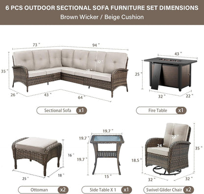 8 Pieces Patio Conversation Set with 43” Propane Fire Pit Table, Outdoor Sectional Furniture Sofa Set with Removable Cushions for Patio Deck Backyard Brown