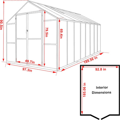 8x16 FT Polycarbonate Aluminum Greenhouse Kit, Outdoor Walk-in Green House with Adjustable Roof Vents and Lockable Door, Backyard Garden in Winter, Gray