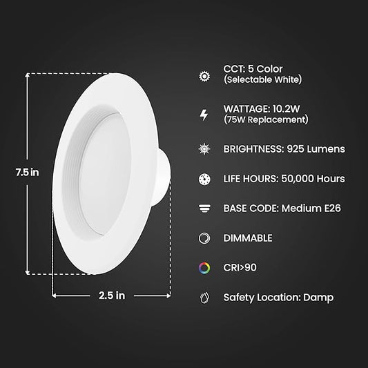 Feit Electric LED Downlight Retrofit Kit with Baffle Trim, 75W Equivalent, 5/6-Inch Dimmable Recessed Light, Adjustable White 2700K–5000K, 90+ CRI, for Living, Bathroom, Dining & Kitchen Room