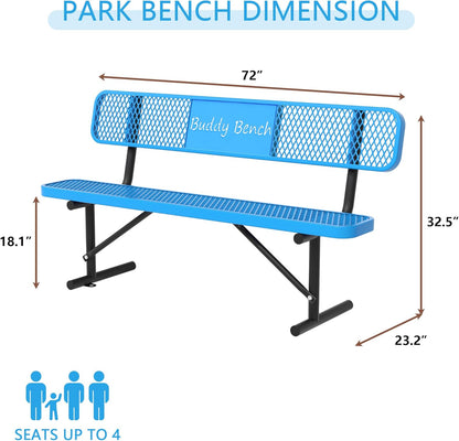 6 Feet Steel Park Bench for Outside, Outdoor Bench with Backrest & Portable Frame, Commercial Benches for Parks, School, Patio, Deck, Store,Blue