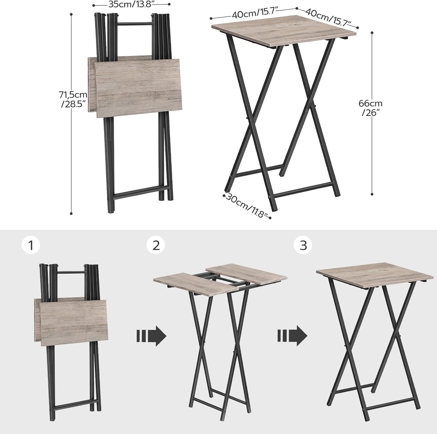 HOOBRO Folding TV Tray Table, Set of 2 Wooden TV Tray, Portable Sofa Side Snack Table, Industrial Desk for Small Spaces, Space-Saving, Easy to Install and Fold, Greige and Black BG27BZP201