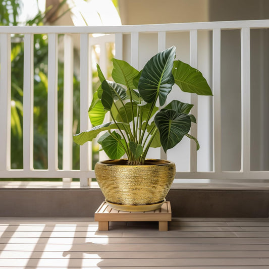 Ceramic Planter 11 Inch - Indoor Plant Pot with Drainage Hole and Saucer Large Planter for Outdoor Plants Mid-Century Decorative Flower Pot for Home Decor Gold