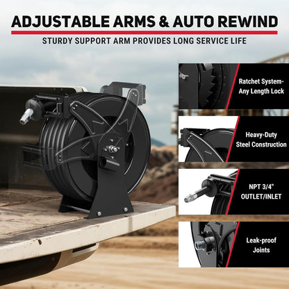 Fuel Hose Reel 3/4" x 50FT Retractable Diesel Hose Reel 300PSI Ratchet Spring Driven Hose Holder Reel Heavy Duty Industrial Steel with Fueling Nozzle for Aircraft Tank Truck Trailer Ship, Black