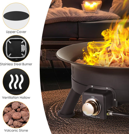 TLSUNNY 24'' Propane Fire Pit，58,000 BTU Portable Smokeless Firebowl with Self Igniter,Cover，Lava Rocks，Gas Cylinder Holder for Camping，Outdoor Living，Patio，Backyard,Tailgating,Garden，Deck,RV
