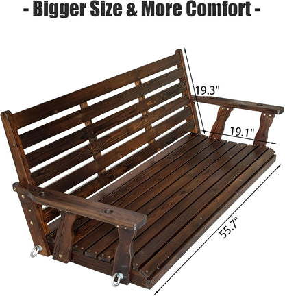 Wooden Porch Swing, Ergonomic Seat, Bench Swing with Hanging Chains and 7mm Springs, Heavy Duty 880 LBS, for Outdoor Patio Garden Yard (Deep Brown, 3-Seater Extra Large)