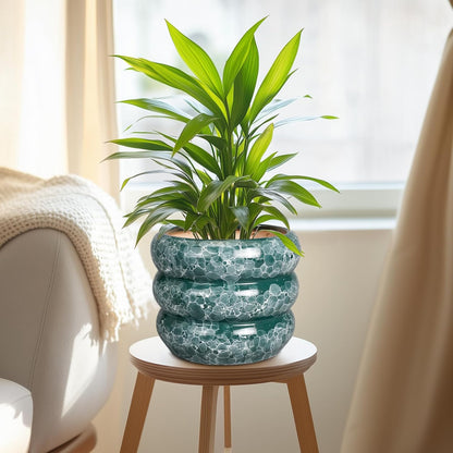 SQOWL 8 Inch Pot for Plants Indoor - Ceramic Planter Medium Plant Pot with Drainage Hole Round Flower Pot Outdoor Mid-Century Planter for Entry Way Table Home Decor Green