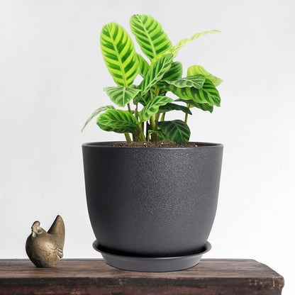 Modern Plant Pots Set, 9/8/7.5 inch Plastic Planters for Indoor Plants, Stylish Flower Pots with Drainage Holes and Saucers for House Plants and Flowers, Black