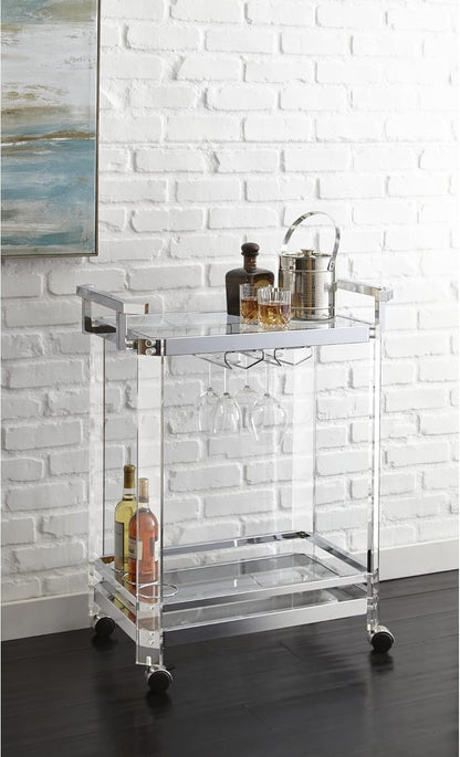 Steve Silver Furniture Aerin Kitchen Server Cart, Silver bar Cart, Tempered Glass, Two Display Shelves, 4 Casters, 3 Ring Wire Wine Bottle Holder, Dining Room, Bar, 28" L x 17" W x 35" H, Silver