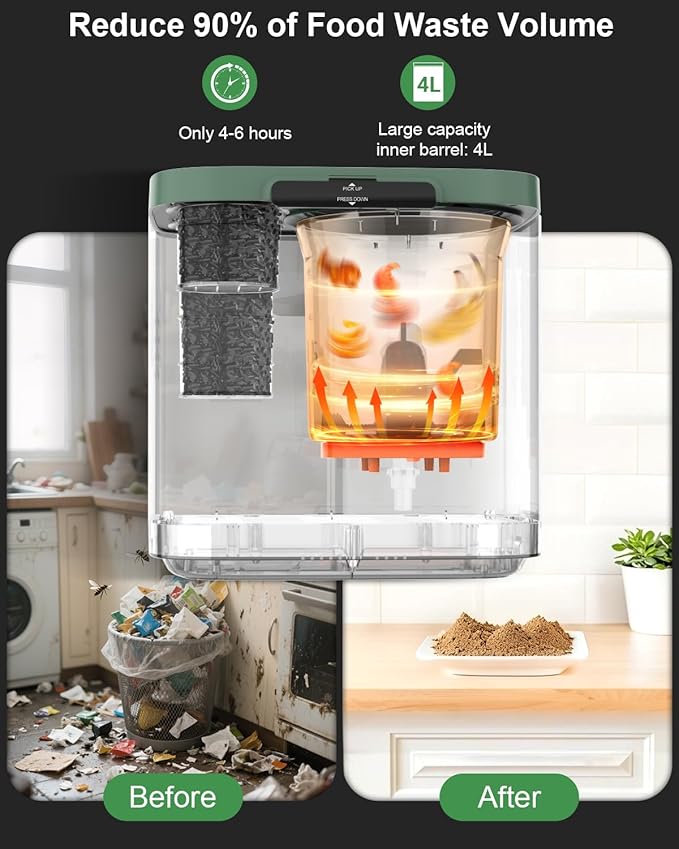 4L Electric Composter for Kitchen, Smart Countertop Compost Bin with Visible Window,Odorless & Low Noise, Auto-Cleaning,Turn Food Waste into Fertilizer, Food Waste Compost Indoor Machine, EC01
