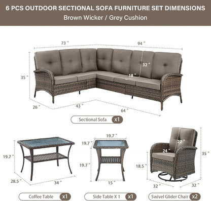 Outdoor Furniture Set - 6 Pieces Patio Conversation Sectional Sofa Set with Swivel Rocker Outdoor Chairs Set of 2 and Wicker Coffee Table for Deck Backyard Sunroom Brown