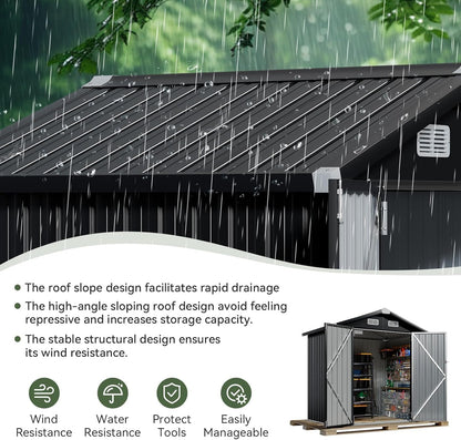 Aoxun 6'x4' Outdoor Storage Shed with Base Galvanized Steel Metal Garden Shed for Patio, Lawn & Garden Black, 6' x 4'W/Base
