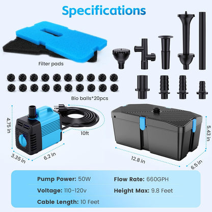 Pond Filter with Fountain Pump Kits, 660GPH Pond Pump and Filter Kit with 50W Submersible Water Pump, Pond Filters for Outdoor Ponds Clean Koi Pond Filter