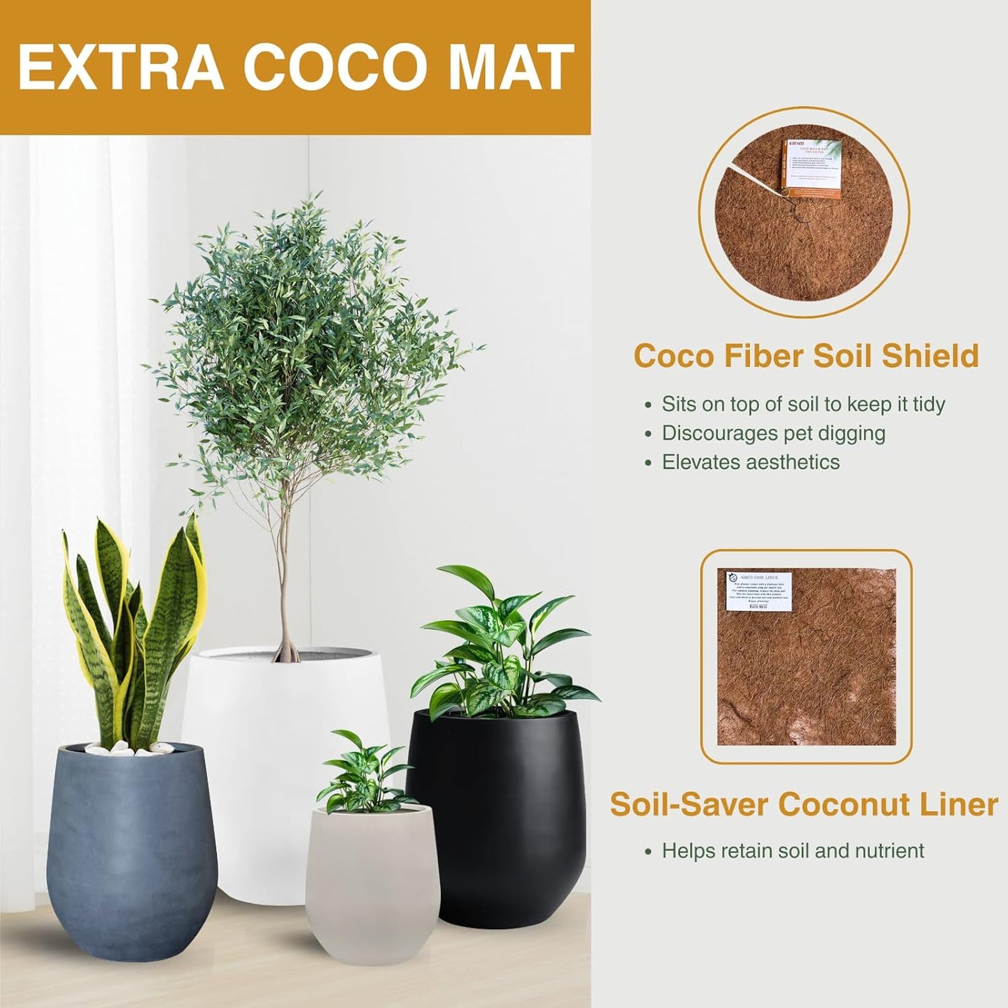 12.5" H x 11.5" D Ribbed Corso Fiberstone Round Planter with Drainage Hole, Weather Resistant, Indoor and Outdoor Use, Included 2 Extra Coco Mats (Ribbed Speckled White, 9" Pot Opening)