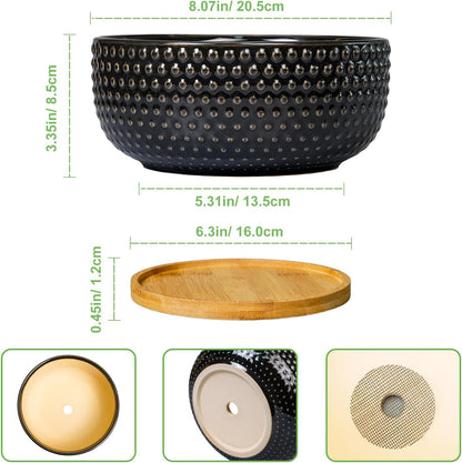Bonsai Tree Pot - 8 Inch Ceramic Succulent Planters with Drainage and Plant Tray, Boho Round Shallow Bowl for Indoor Plants, Office Decor, Housewarming Gift, Black