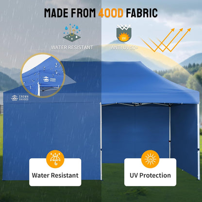 CROWN SHADES 10x20 Pop Up Canopy Tent, Thicken Frame Commercial Heavy Duty Tent, 4 Sidewalls 8 Stakes & 4 Sandbags & 4 Ropes, Outdoor Canopies for Events, Parties, Blue
