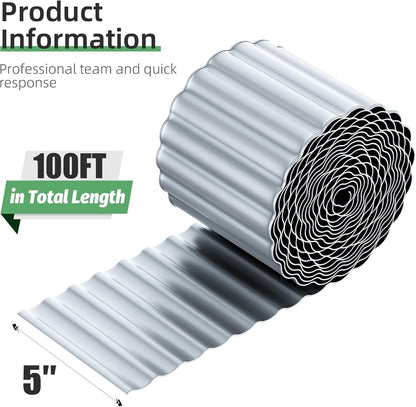 Corrugated Metal Garden Edging, 5''×100Ft Garden Border Edging, Landscape Edging Border, Metal Edging for Landscaping, Garden, Pathway, Lawn, Flower Bed(Silver)