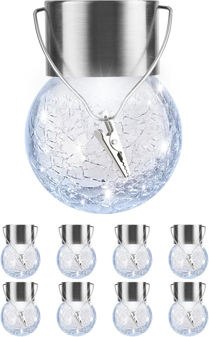Solar Lights Outdoor Hanging Decorative Globe 8 Pack, Waterproof Solar Lantern with Handle and Clip, Solar Powered Glass Ball Lights for Garden Yard Fence Tree Umbrella Holiday Décor, Cold White