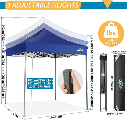 COBIZI 6.6x6.6 Pop Up Canopy Without Sidewall,Heavy Duty Canopy UPF 50+ All Season Wind Waterproof Commercial Outdoor Party Tents for Parties Canopy Gazebo with Storage Bag(6.6 x 6.6 ft Dark Blue)
