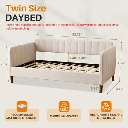 YUHUASHI Twin Size Upholstered Daybed with Wood Slat Support, Daybed Frame for Living Room, Bedroom, Guest Room, No Box Spring Needed (Ivory, Twin)