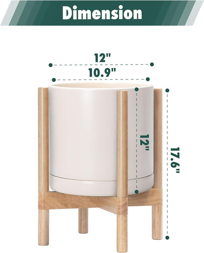 D'vine Dev Ceramic Planter with Natural Stand - 12 Inch Modern Round Flower Pot with Wood Planter Holder, Oatmeal, 55-B-J-8
