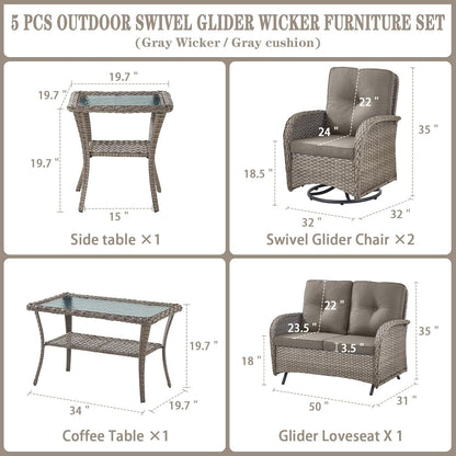 5 Piece Outdoor Patio Furniture Set with Deep Seating Swivel Rocker Chairs Loveseat and Rattan Coffee Table Outdoor Conversation Sets for Deck Backyard Poolside,Gray Wicker Gray Cushion