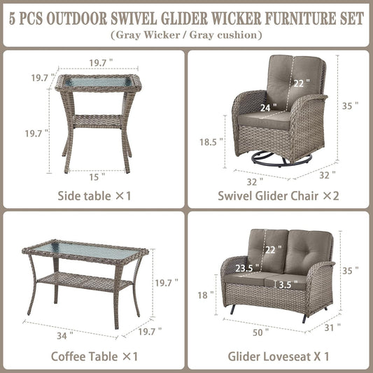 5 Piece Outdoor Patio Furniture Set with Deep Seating Swivel Rocker Chairs Loveseat and Rattan Coffee Table Outdoor Conversation Sets for Deck Backyard Poolside,Gray Wicker Gray Cushion