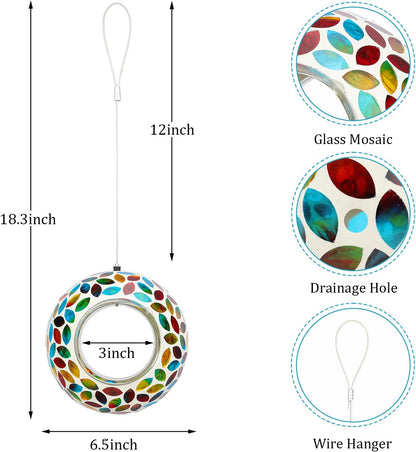 Yinns Bird Feeder - Hanging Mosaic Glass Birdfeeder, Fly Through Bird Feeders with Oval Stained Glass, Outdoor Garden Decor, 6.5 inch