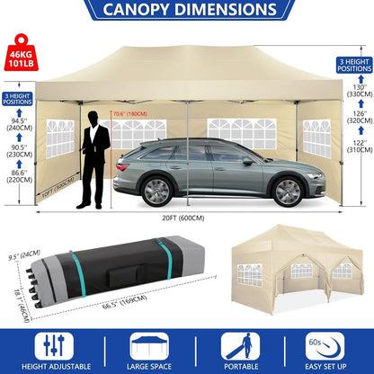 COBIZI 10x20 Pop up Canopy Tent Heavy Duty with 6 Sidewalls, Easy Set-up Commercial Outdoor Party Tent, 100% Waterproof Wedding Canopy Gazebo, 3 Height Adjustable with Wheeled Bag,Khaki