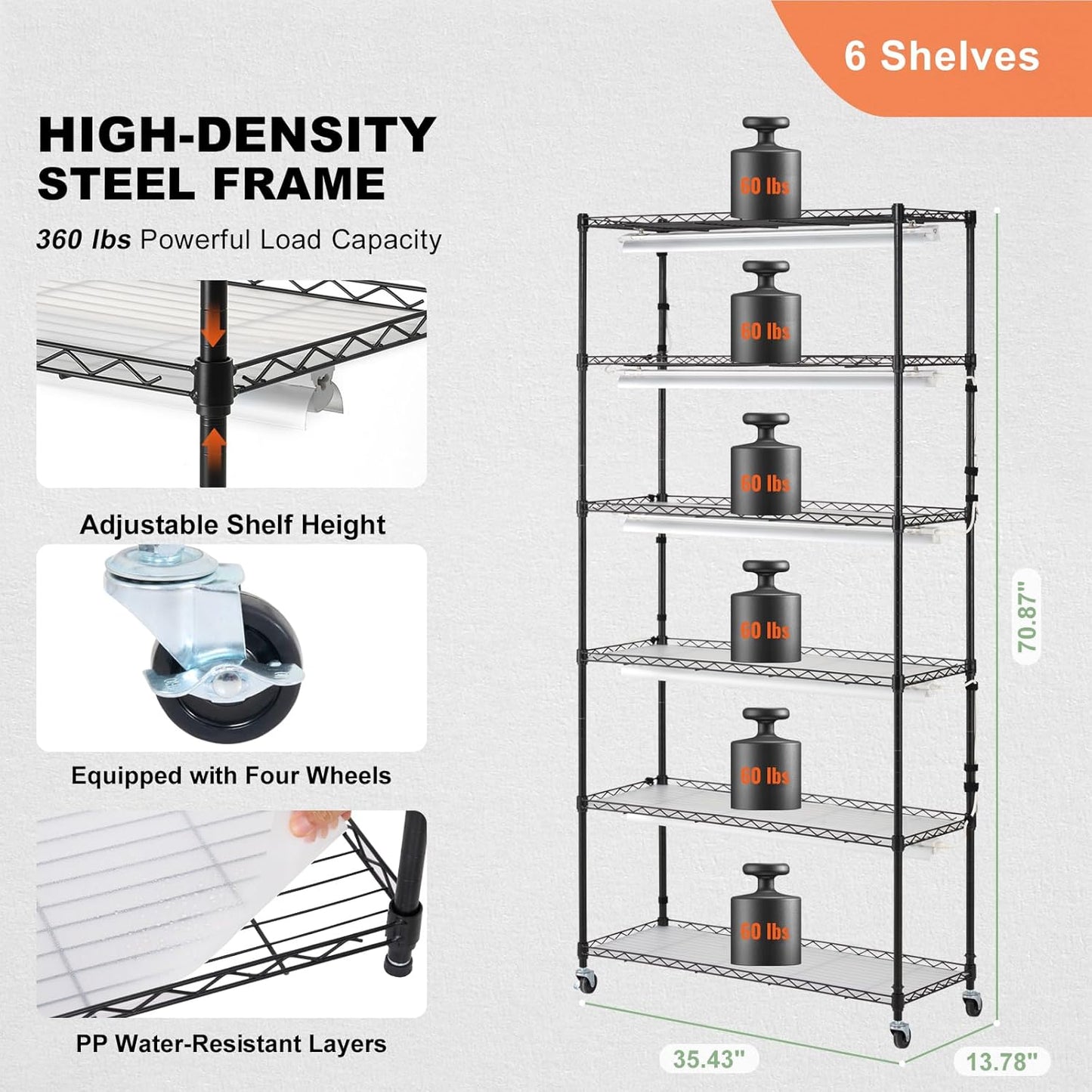 VEVOR Plant Stand with Grow Light, 6-Tier Large Tall Plant Shelf with 150W Full Spectrum Grow Light, Indoor LED Plant Light with Timer and Wheel for Seed Starting 35.4" L x 13.8" W x 70.9" H