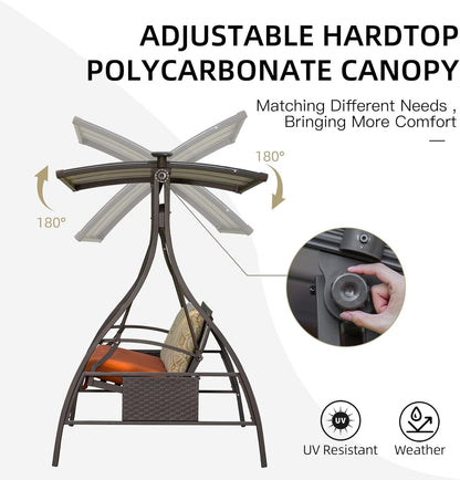Domi Porch Outdoor Patio Swing with Adjustable Hardtop Polycarbonate Canopy, 2-seat Swing Chair Bench with Solar LED Light for Backyard Yard Poolside Porch Lawn, Cushion and Pillows Included