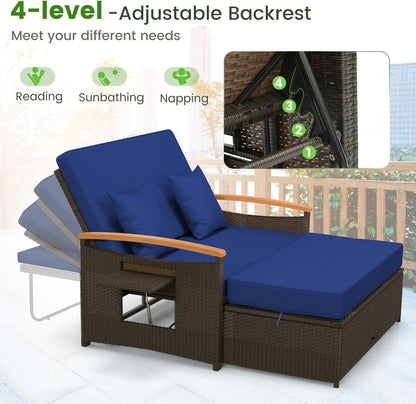 Tangkula Patio Rattan Daybed Set with Cushioned Loveseat and Storage Ottoman, Outdoor Double Chaise Lounger with 4-Level Adjustable Backrest and Retractable Side Trays for Backyard (Navy)