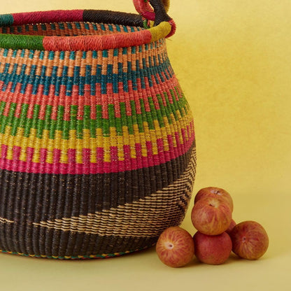Home & Kitchen Decor, Wicker Basket, Picnic Basket, Living Room Basket, Organizing, Harvesting, Foraging, Fruit Storage, Hand Woven, Pot Shape, 16" Wide, Boho - Black Colorful