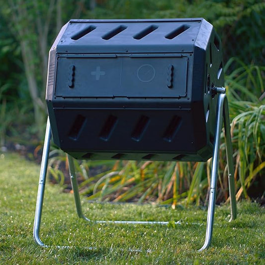 FCMP Outdoor IM4000 Dual Chamber Tumbling Composter Canadian-Made, 100% Recycled Resin - Outdoor Rotating Compost Tumbler Bin for Garden, Kitchen, and Yard Waste, Black (37 Gallon)