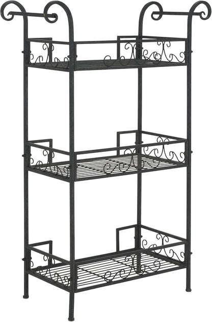 SAFAVIEH Outdoor Collection Noreen Victorian Scroll Antique Black Iron 3-Tier Shelf