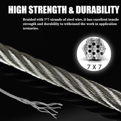 Metal Wire 1/8 inch Carbon Steel Galvanized Cable 50FT Length Aircraft Cable 7x7 Strand Core Picture Hanging Wire with 10 Pcs Thimbles and 20 Pcs Aluminum Sleeves