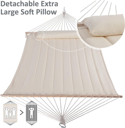 SUNCREAT Double Hammock for 2 Person, Extra Large Outdoor Portable Hammock with Hardwood Spreader Bar, Soft Pillow, 475 lbs Capacity, Beige