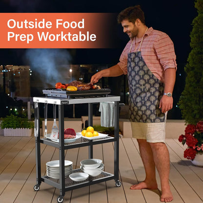 NUUK 3-Shelf Grill Cart 16" x 24" Outdoor BBQ Table with Stainless Steel Top Rolling Pizza Oven Carts for Outside Dining Tables