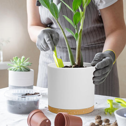 8 Inch Cylinder Flower Pots for Indoor Outdoor Plants, Medium Deep Plant Pots with Drainage Holes & Saucer, Decorative Plastic Planter Pots for Garden House Plants, White with Brown