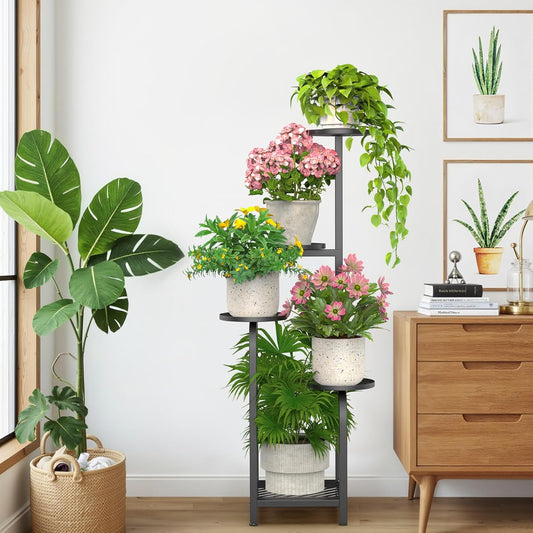 TOSKING 5 Tier Tall Plant Stand Indoor Outdoor, Heavy Duty Corner Shelf for Plants & Decor, Space Saving 3.9FT Metal Flower Pot Stand for Balcony, Garden, Living Room, Patio (Black, 47in)