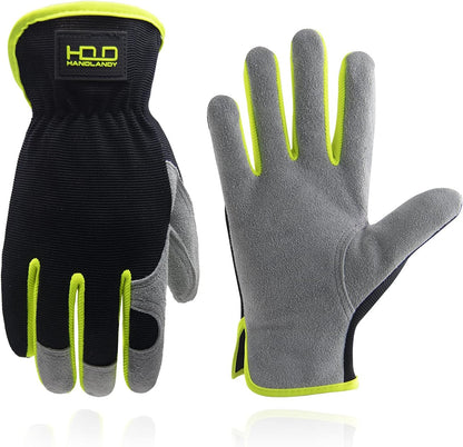 HANDLANDY Leather Work Gloves for Men & Women, Reinforced Durable Garden Gloves, Cowhide Working Glove for Gardening