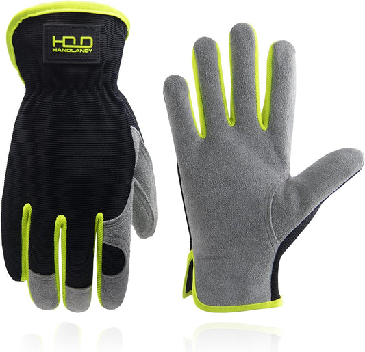 HANDLANDY Leather Work Gloves for Men & Women, Reinforced Durable Garden Gloves, Cowhide Working Glove for Gardening