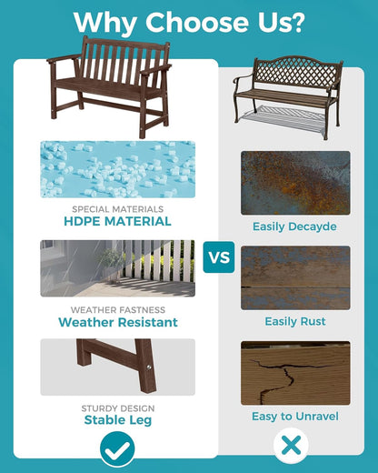 Outdoor Bench, 2-Person HDPE Garden Bench, All Weather Poly Patio Bench for Outdoors, Garden, Backyard, Porch and Park, 550 lbs Weight Capacity, Brown, 2 Pack
