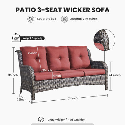 Outdoor Couch Wicker Patio Sofa - 75Inch Rattan Sofa with Hight Backrest Wide Armrest, All Weather Outdoor 3 Seater Seating Wicker Couch for Balcony Proch Deck Backyard Grey/Red