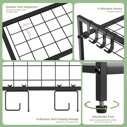 Garden Tool Organizer Rack for Garage, Yard Tool Tower Rack Organizer, Tools Stand Storage with Hooks Black Metal Garden Tools Holder for Yard Shed Garage Organization