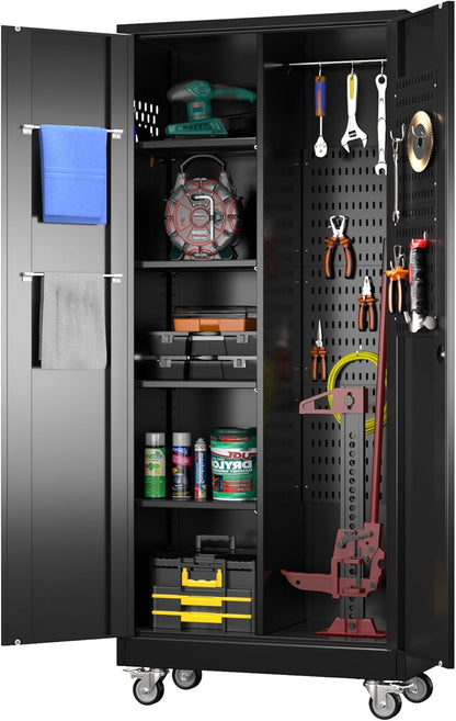 Garage Storage Cabinet with Wheels, Metal Tool Cabinet with Pegboards and 4 Adjustable Shelves, Garage Storage System with Lockable Door for Shools, Offices, Gyms and Pantries, Black