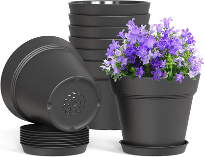4 Inch Plastic Plant Pots with Drainage Holes and Trays – 8 Pack Small Nursery Pots for Indoor & Outdoor House Plants and Flowers, Seedling Starter Planters, Matte Black