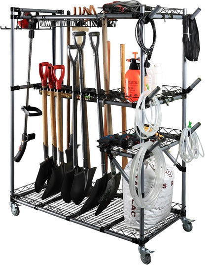 BIG Garden Tool Organizer with Wheels - Rolling Storage Rack - Multifunctional Cart