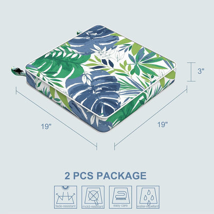 LVTXIII Patio Chair Cushions 19"x19"x3", Water-Repellent Outdoor Seat Cushions for Patio Furniture, Square Chair Pads with Ties for Home Garden Decoration, Set of 2, Islamorada Blue Green